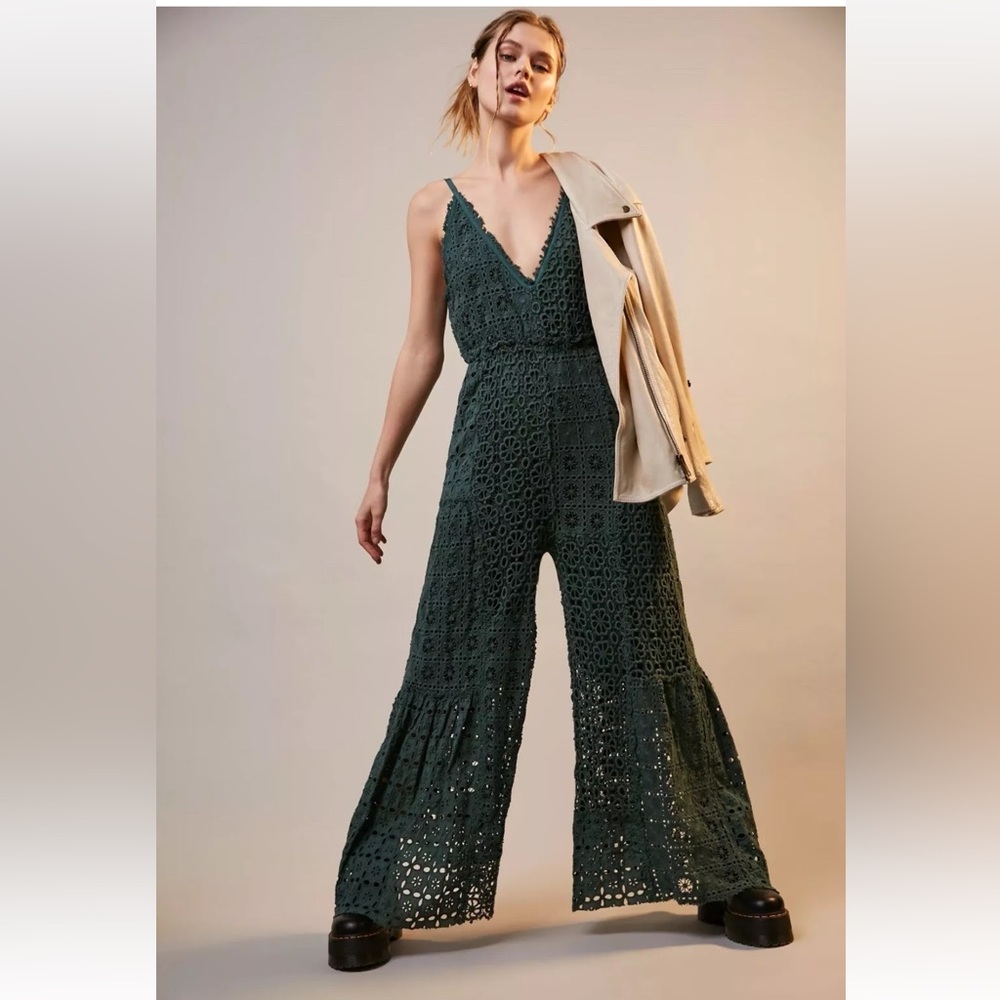 NWT Free People Yesenia Crochet Eyelet Jumpsuit Green (Size M)